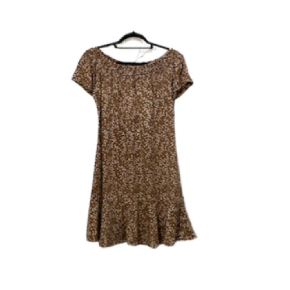 GO FISH Womens Tan Cream Floral Smocked Top Ruffle Hem Dress Size M Boho Beach